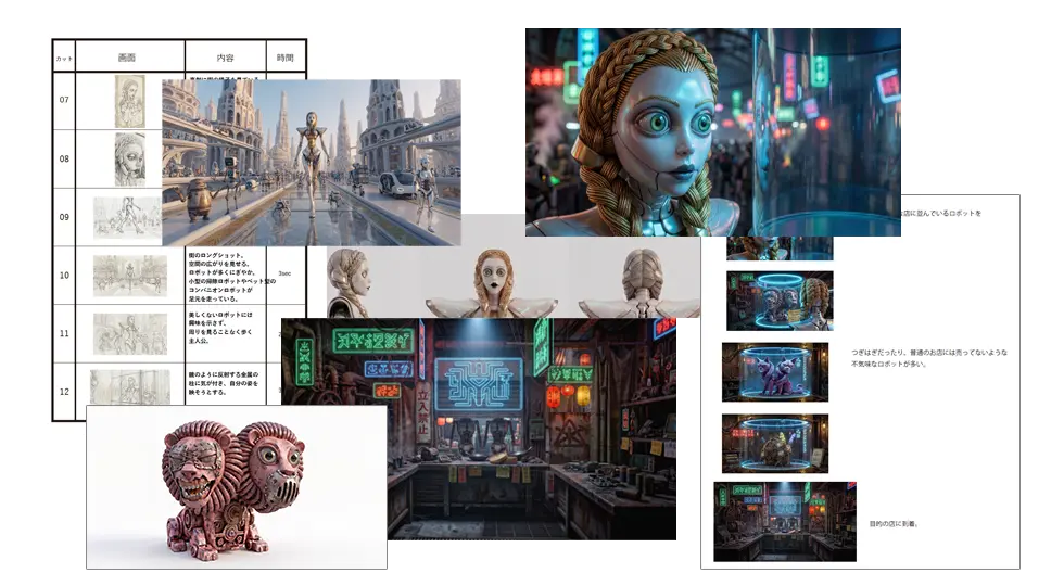 ストーリー映像の制作資料。カットごとの画面・内容・尺を記した絵コンテ表に、生成AIで作成したロボットキャラクターのキービジュアルと三面図、ネオンが灯る近未来の夜市や店内の背景美術、ショーケースに並ぶロボットのカット案などを重ねて並べている。